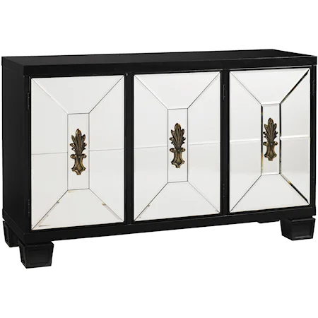 Three-Door Midnight Reflections Hall Chest with Custom Beveled Mirror & Solid Brass Fleur-De-Lis Emblems